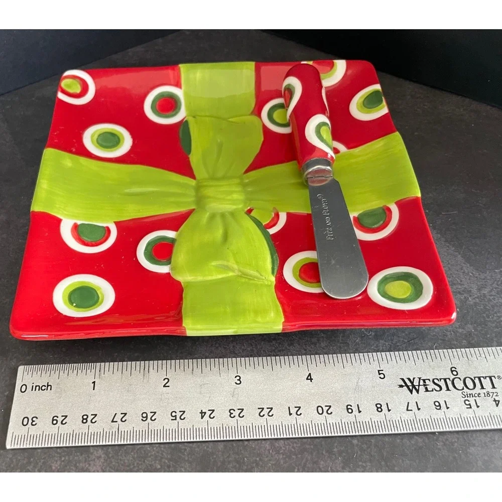 Fitz and Floyd Holiday Cheer Christmas Gift Box Cheese‎ Plate and Spreader Set